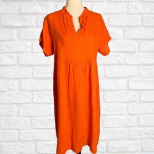 Vanessa Zani Orange Linen Midi Dress Short Sleeve Split Neck Relaxed Fit Medium